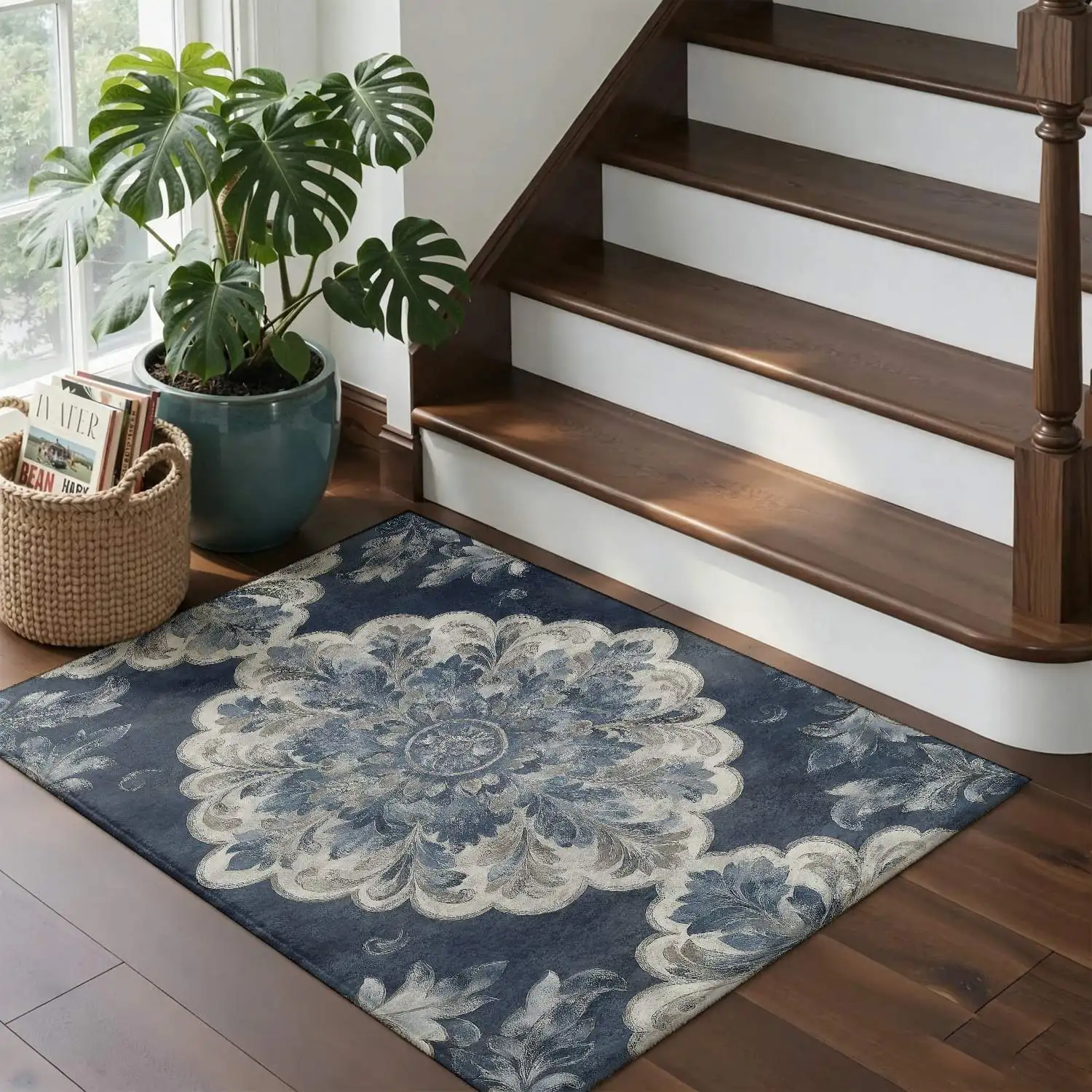 1Pc 2D Printed Blue-Grey Floral European Vintage Geometric Bohemian Carpets & Doormats, Home Decor, Multi-Size, Machine Washable, for Entrance, Dining, Foyer, Bedroom, Living Room