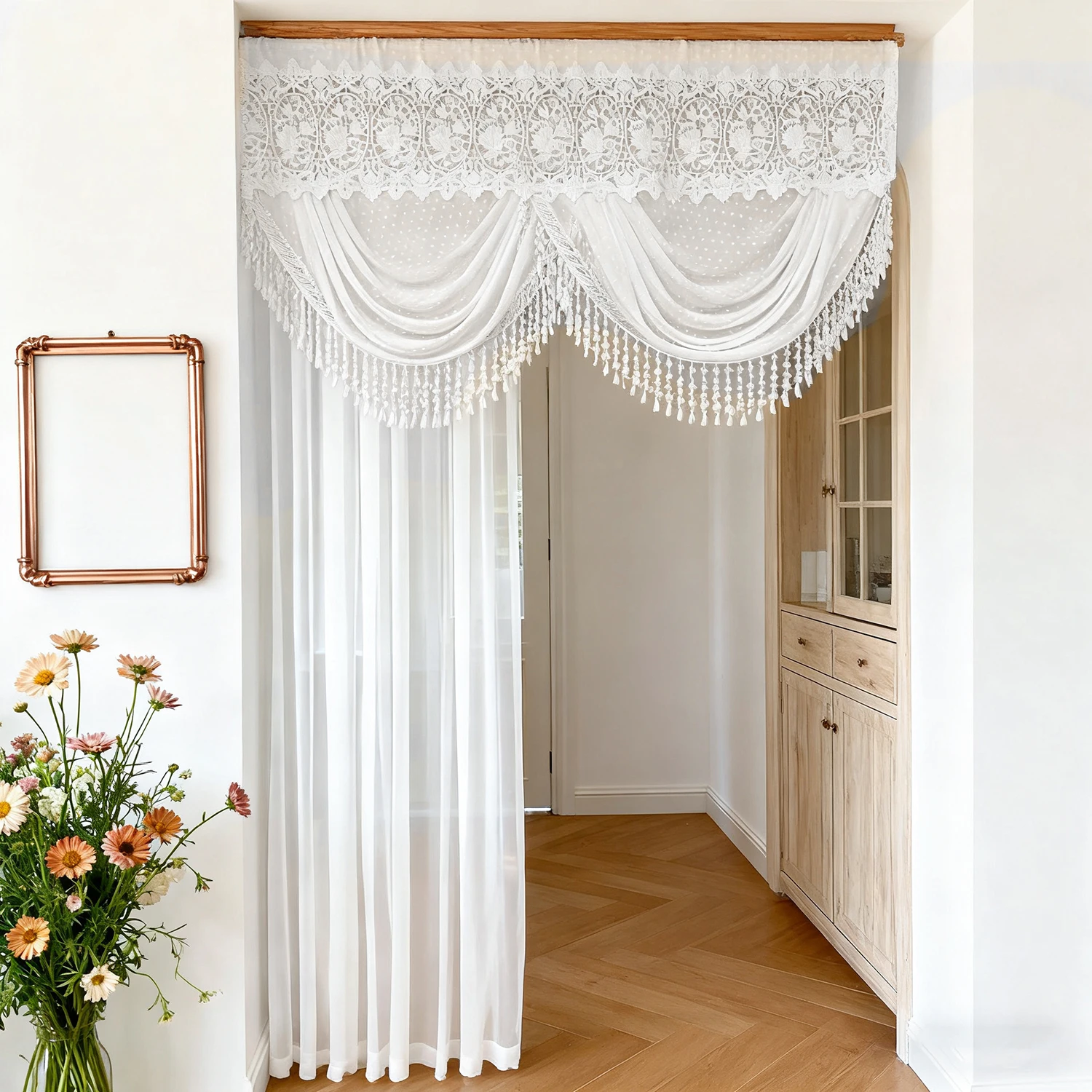 

White Polka Dot Sheer Spliced Hollow Embroidered Flower Waterfall Swag Valance Curtains with Tassels for Living Room, Doorway