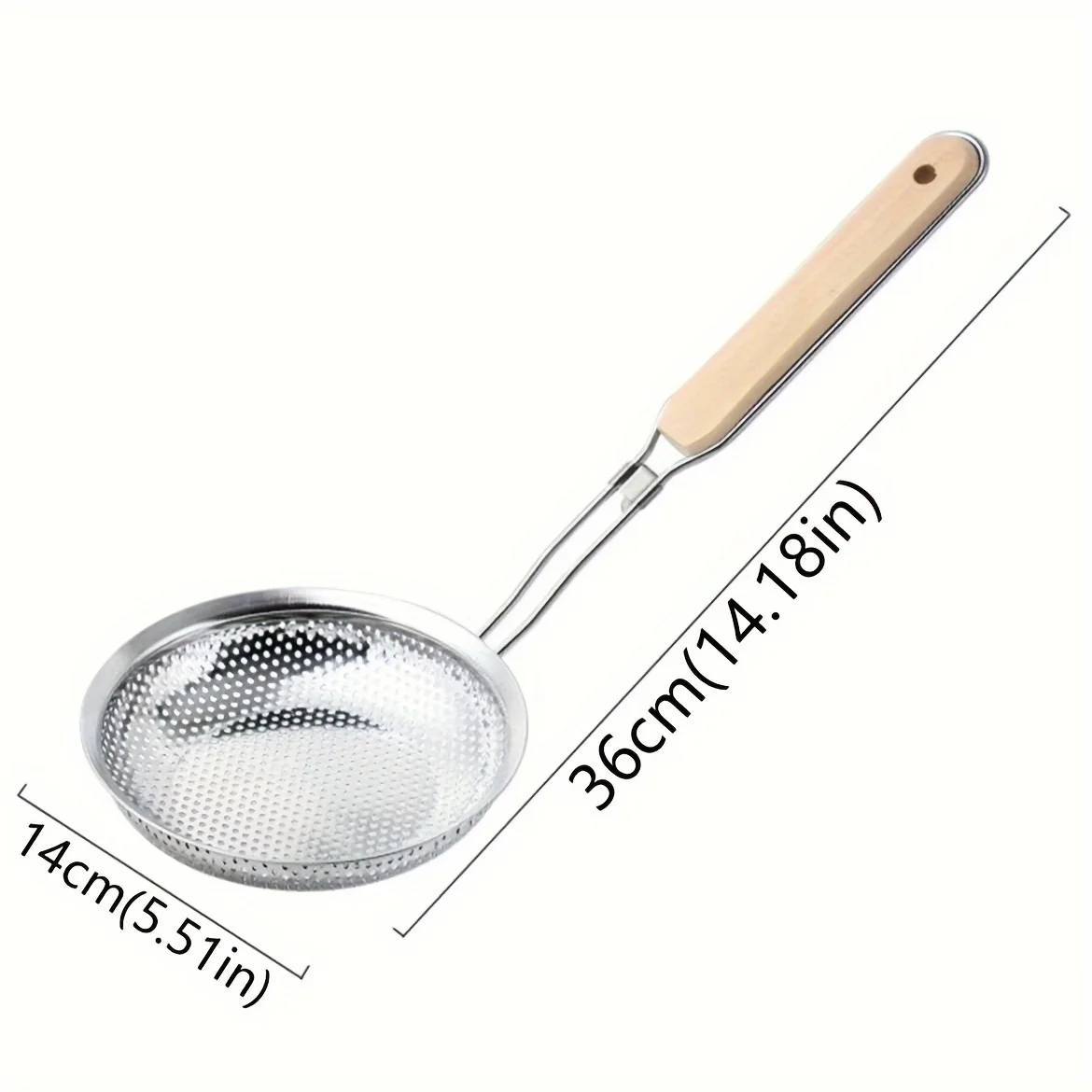 1PC metal strainer, stainless steel skimmer spoon, fine mesh food filter, kitchen strainer with wooden handle