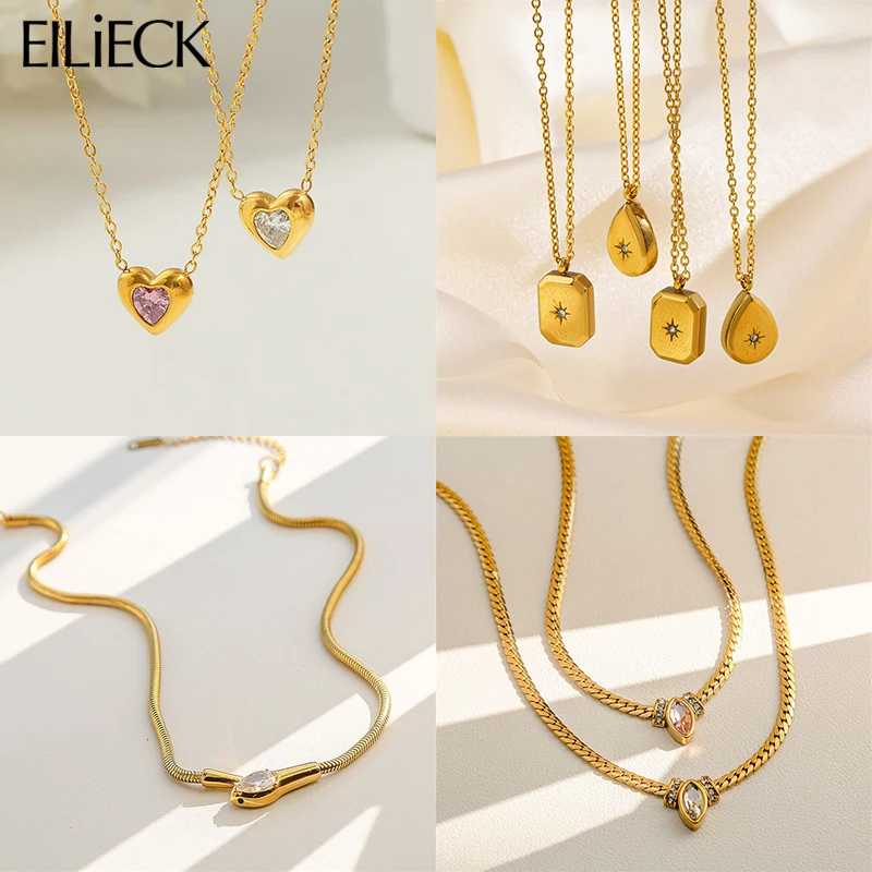 EILIECK 316L Stainless Steel Sparkling Zirconia Pendant Necklace For Women Daily Wear Trendy Gold Color Neck Chain Jewelry Gift