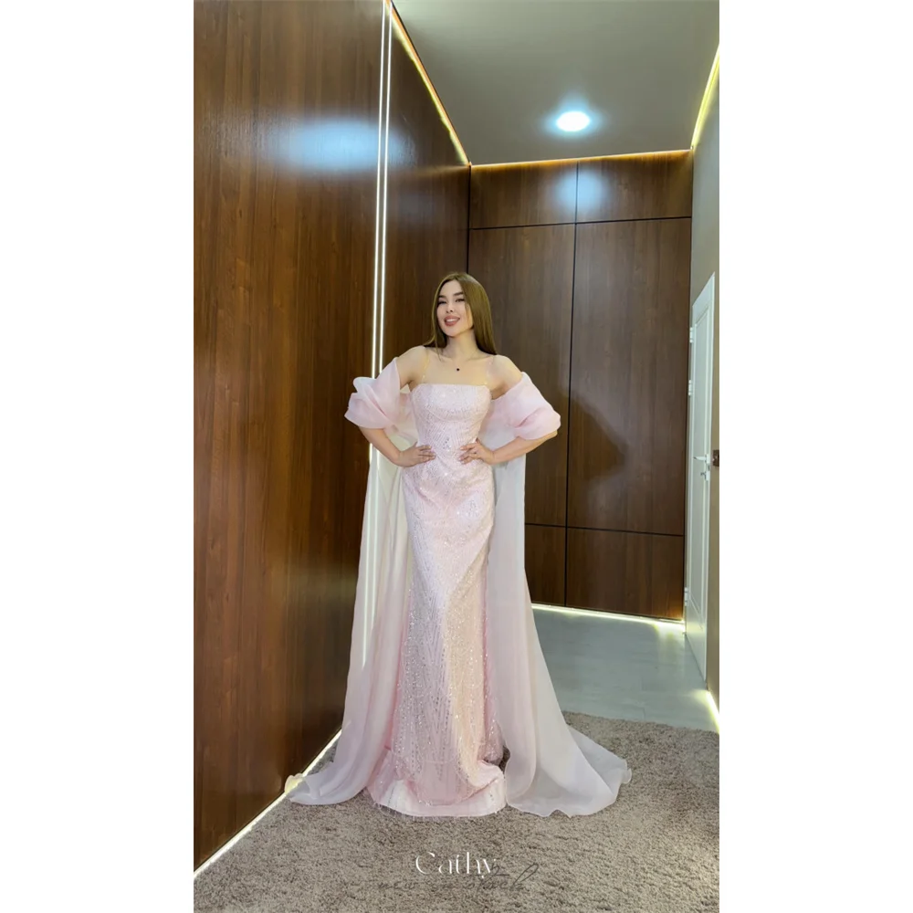 

Cathy Индивидуальные розовые платья для выпускного вечера на тонких бретельках из бисера, шаль без рукавов, платья de noiva, русалка длиной до пола, торжественное вечернее платье