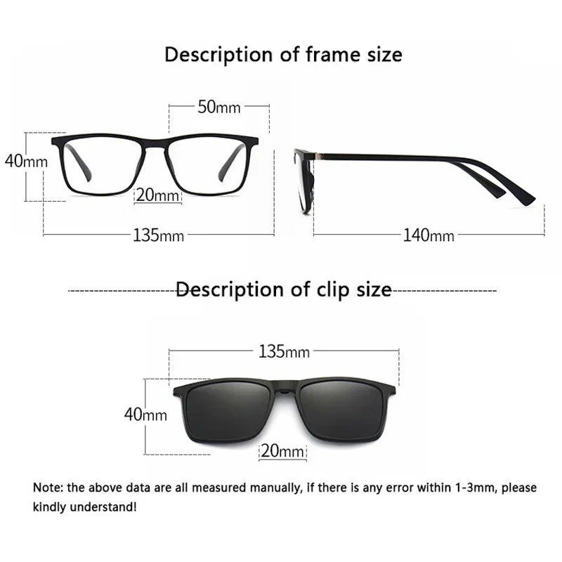 6 In 1 Polarized Sunglasses Men Women Magnetic Clip On Glasses TR90 Optical Prescription Eyeglass Frames Magnet Clips