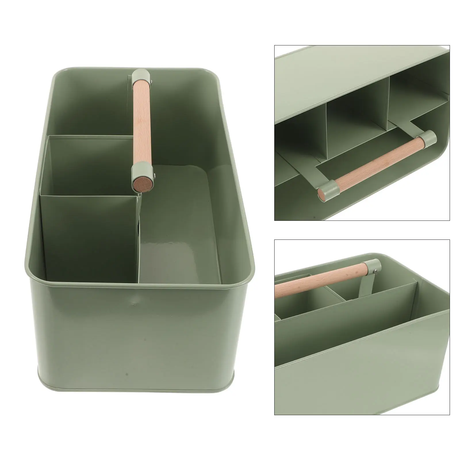 Metal Garden Tool Basket Organizer 4-Compartment 13x7x5 Inch with Wooden Handle for Indoor Outdoor Gardening Tool Storage Garden
