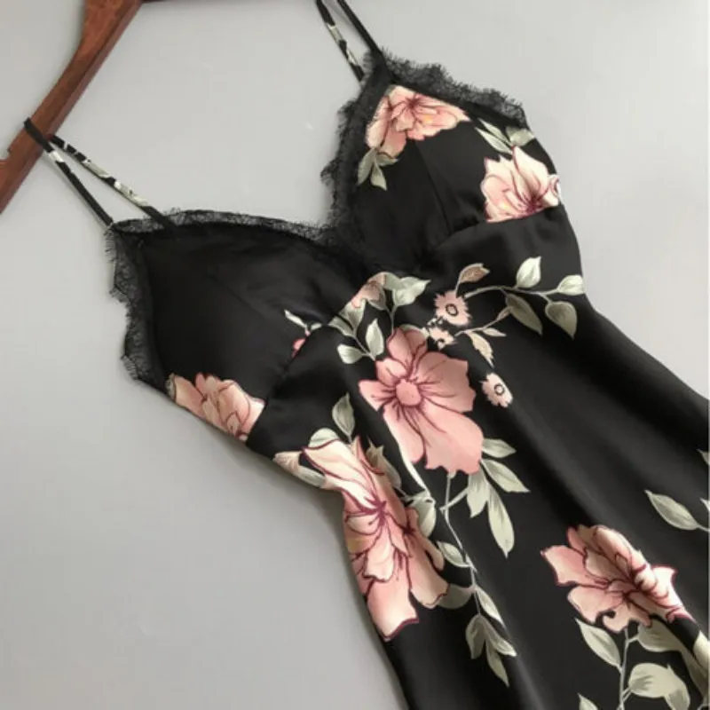Gecelik Linger-Robe de nuit en satin floral pour femmes, soutien-gorge sexy, col en V, vêtements de nuit en dentelle, chemise de nuit imprimée,