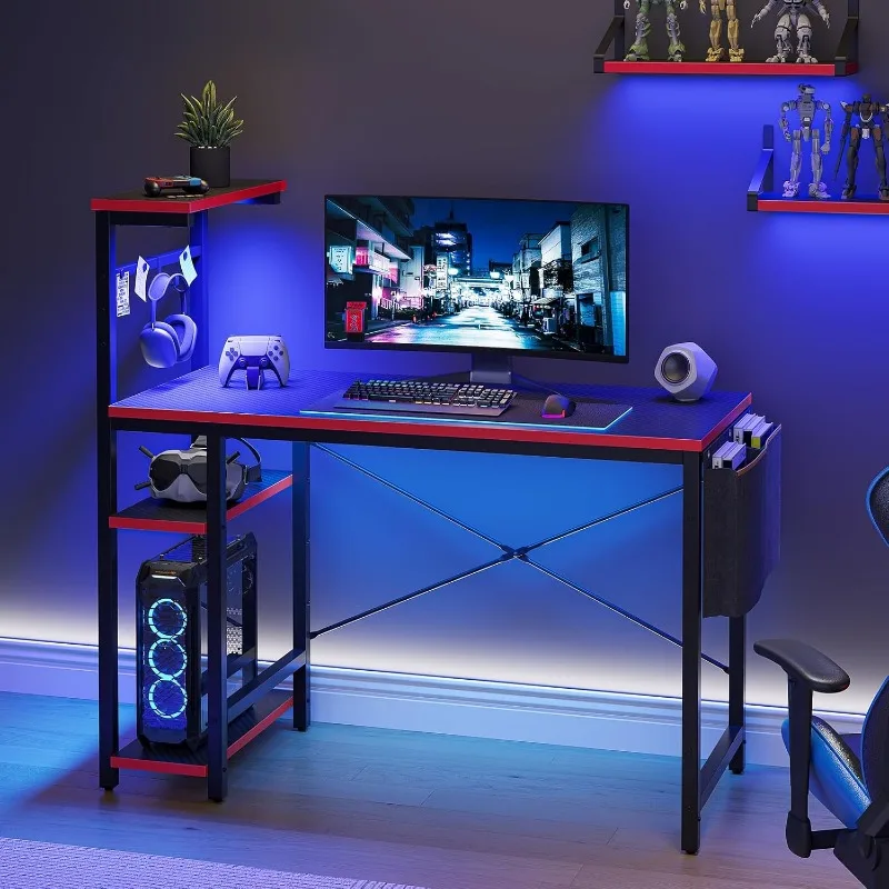 

Gaming Desk with LED Lights, 44 Inch PC Gamer Desk for Small Spaces, with Reversible Storage Shelves & Side Storage Bag