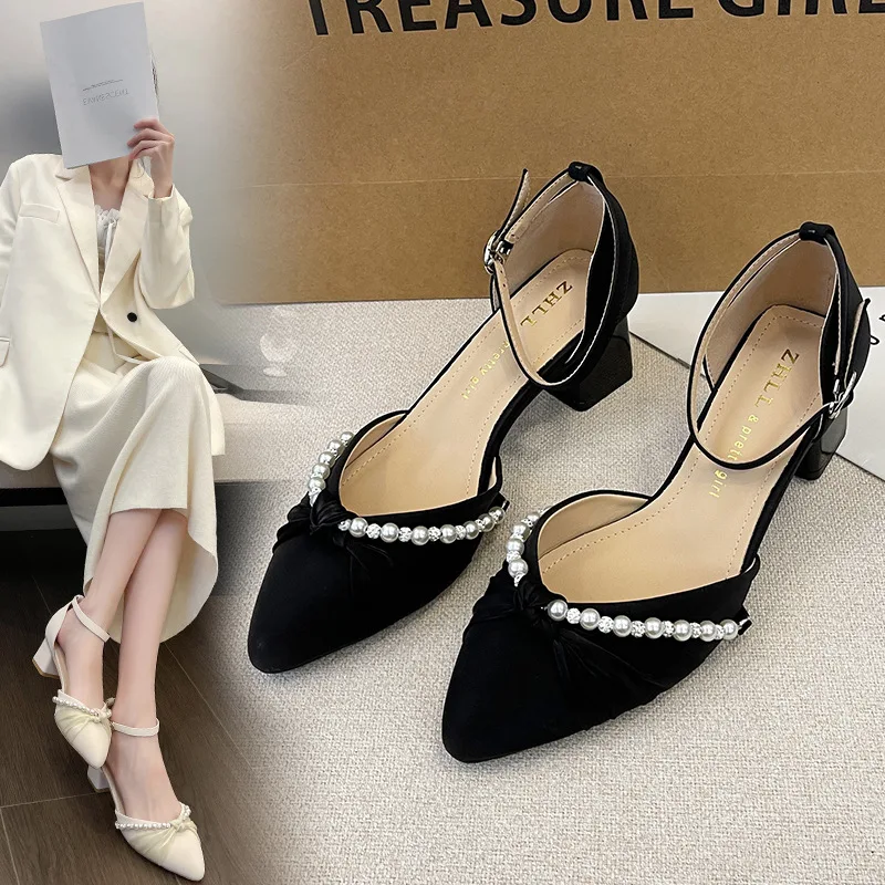 

Sexy Gorgeous Pearl High Heel Sandals Baotou Hollow Women's Large Size Single Shoes For Banquet Wedding Party Nightclub