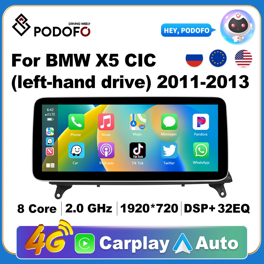 Podofo Wireless CarPlay Andorid Auto Car Radio For BMW X5 X6 E70 E71 2011-2013 CIC left-hand drive Multimedia GPS 2din autoradio