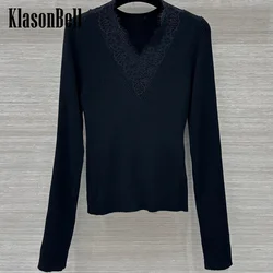 9.28 KlasonBell Fashion Sexy Lace Spliced Deep V-Neck Slim Knitwear Black All-matches Subcoating Wool Sweater Women