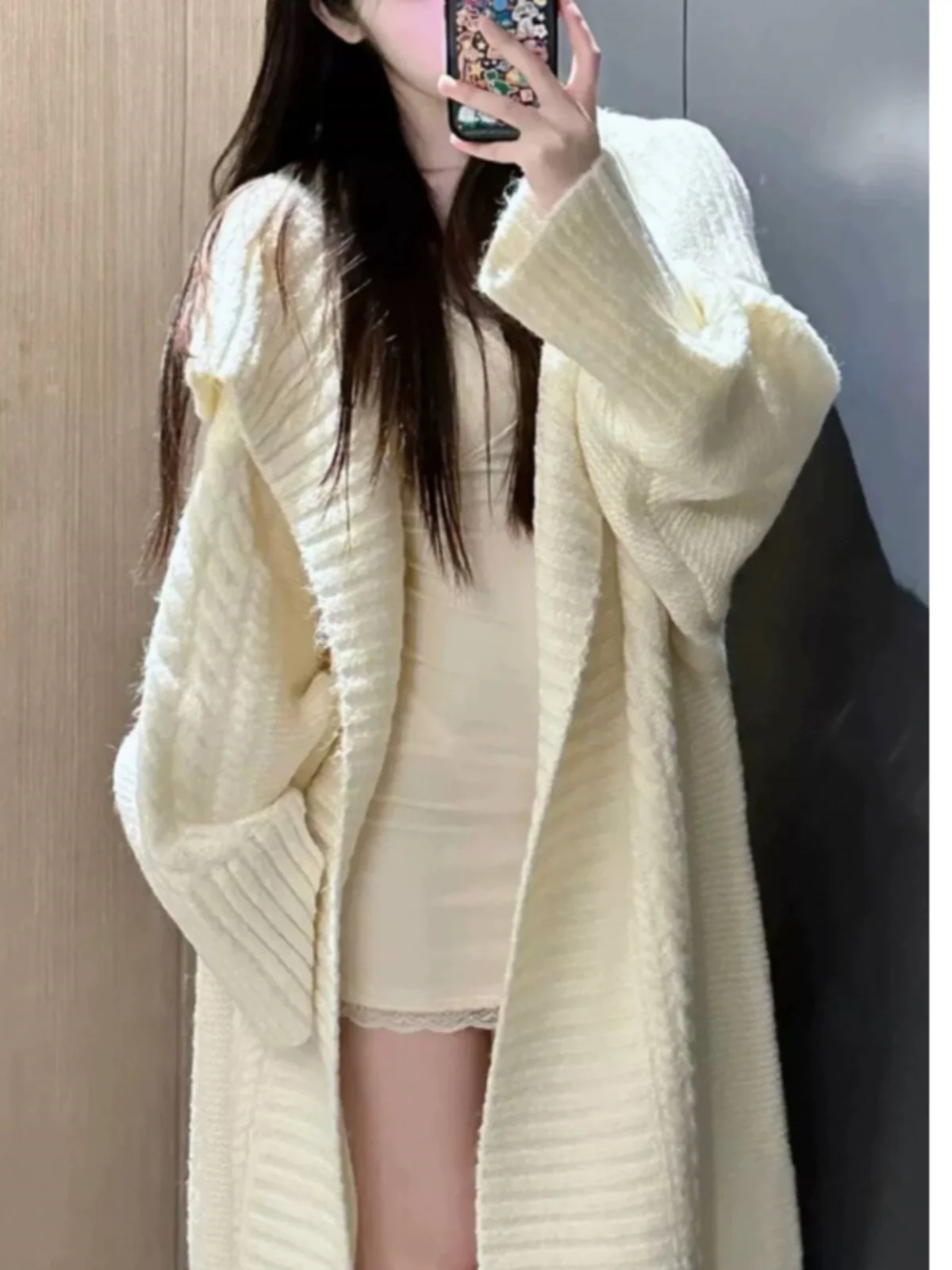 

Ladies' Lazy Sle Knitted Cardigan Coat Long Sve Thiened Woolen Sweater Mid-Length Collar Winter Warm Outerwear