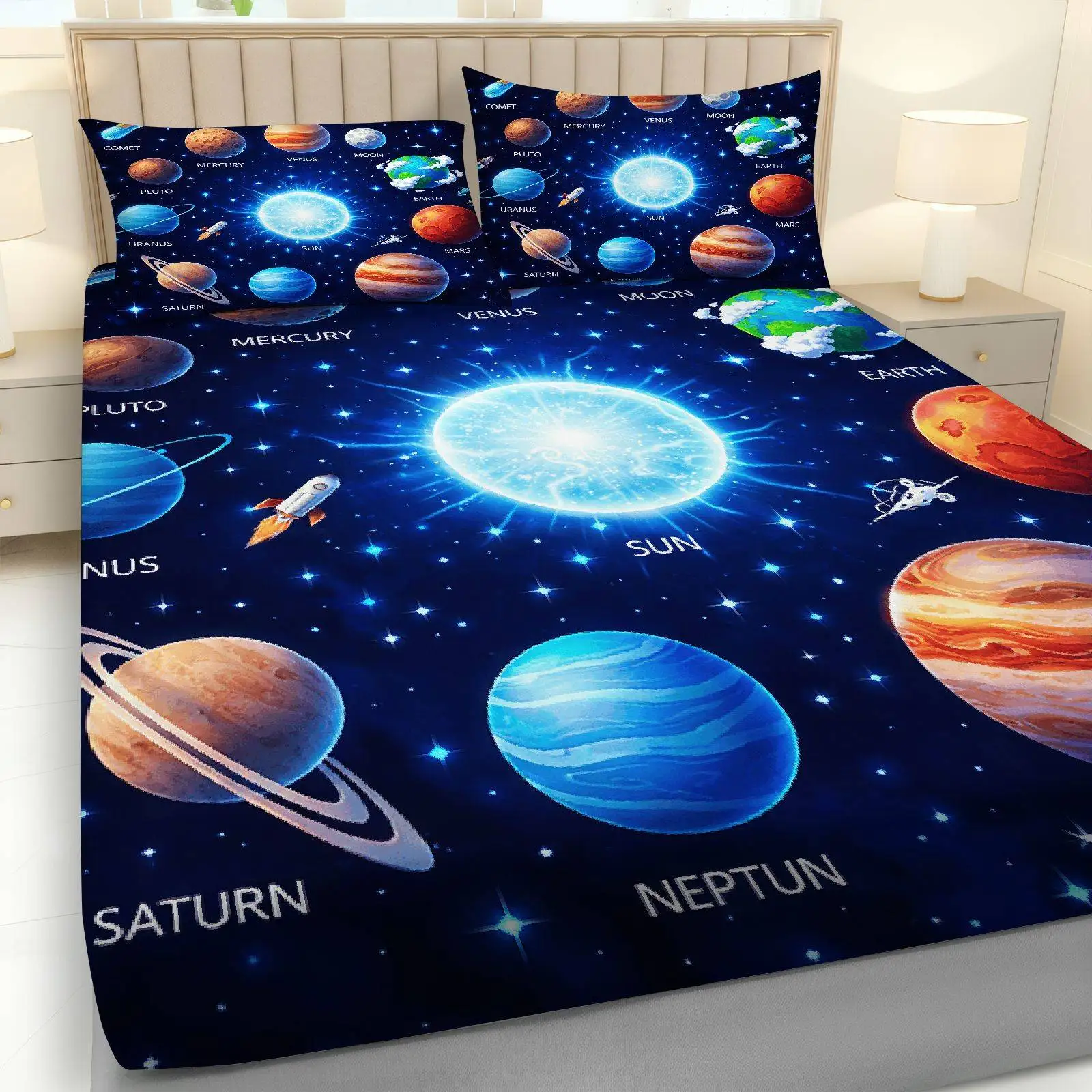 Solar system themed three-piece bedding set, breathable and comfortable mattress protector, made of breathable polyester material (includes 1 fitted sheet + 2 pillowcases). Mattress protector, fitted sheet style with elastic edges, protective cover, mattress cover, fitted sheet bedding, Christmas themed bedding - view 4