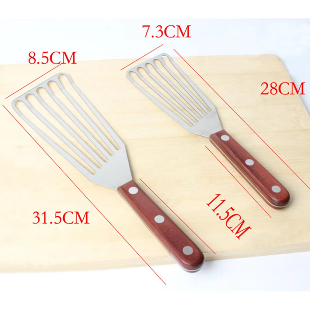 

Stainless Steel Steak Slotted Turner Fried Shovel Large Size Wooden Handle Cooking Spatula For Frying Fish Meat Eggs Oil Drain