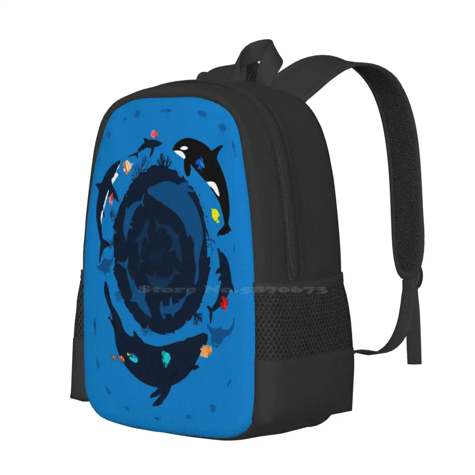 Ocean 360 Fashion Pattern Design Travel Laptop School Backpack Bag Ocean Shark Killer Whale Fish Clown Tropical Fishes