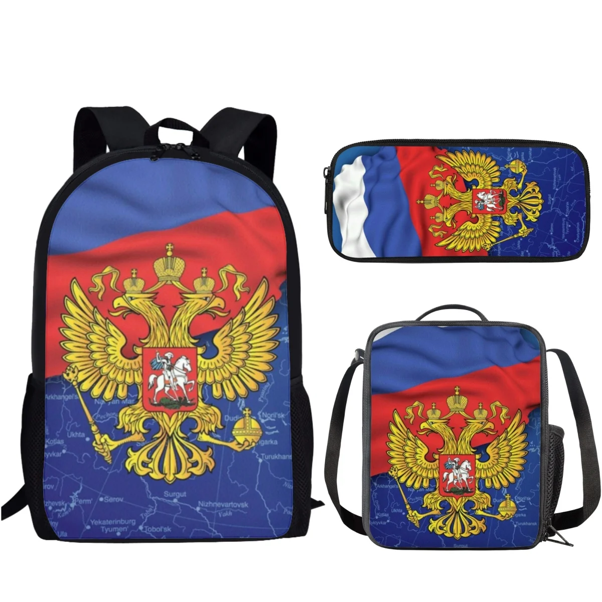 Saco escolar de grande capacidade para meninos e meninas, mochila infantil com lancheiras, presente do estudante, bandeira da Rússia, 3 peças