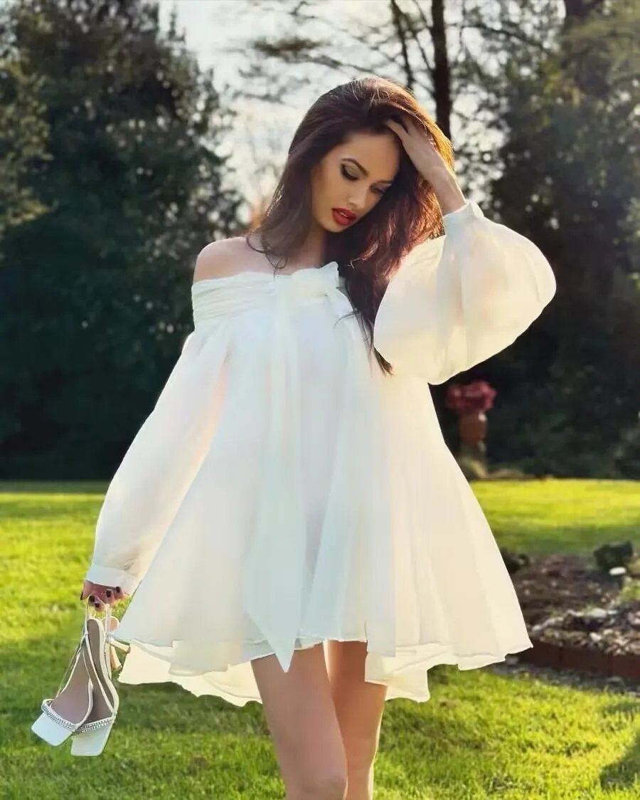 Fashion casual sweet chest off-shoulder bubble long-sleeved lace-up shirt dress loose outfit causal women mini dress