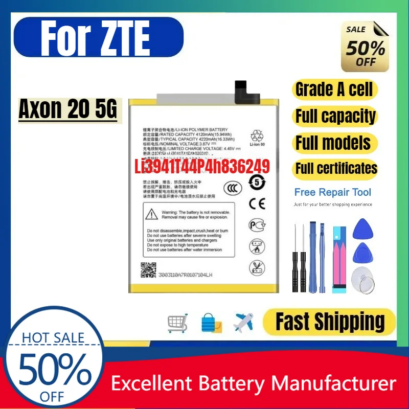 0 Cycle Li3941T44P4h836249 Battery for ZTE Axon 20 5G A2121 Phone High Quality Replacement Lithium Polymer Grade A Cell &Tools