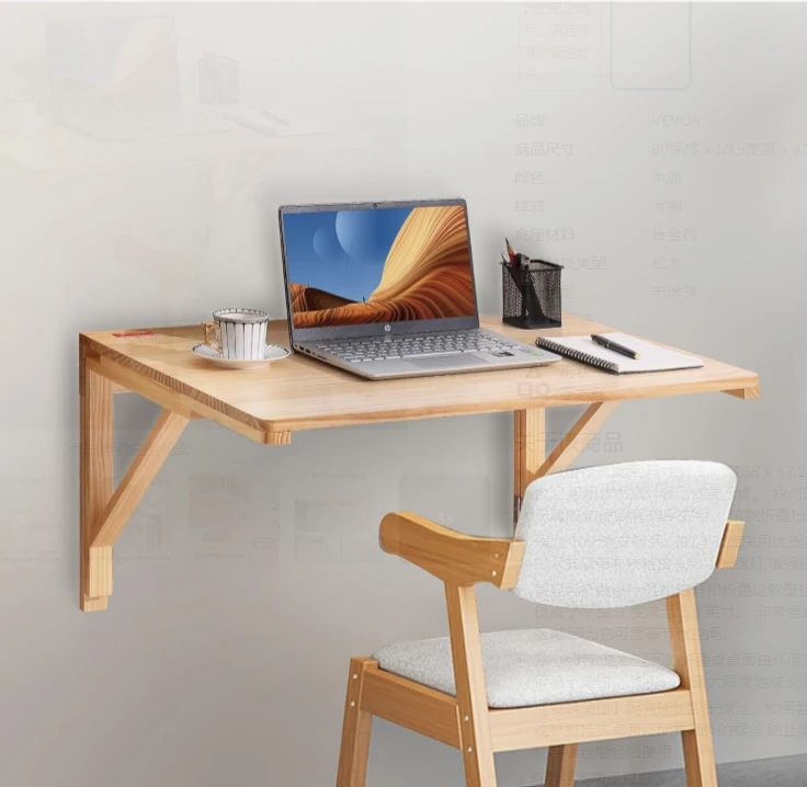 Small Space Saving Wall Mounted Drop-Leaf Folding Desk Wooden Floating Table With Adjustable Height For Living Room Use