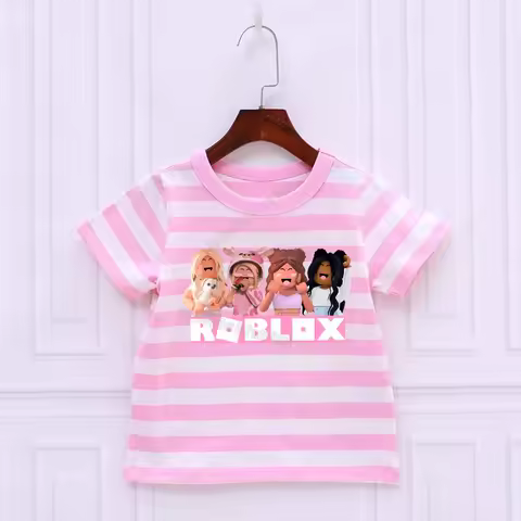 ROBLOX Girls Pink Stripe T Shirt Baby Summer Children's Stripe Short Sleeve Tops Pure Cotton Stripe T-shirt Kid Clothes 2025