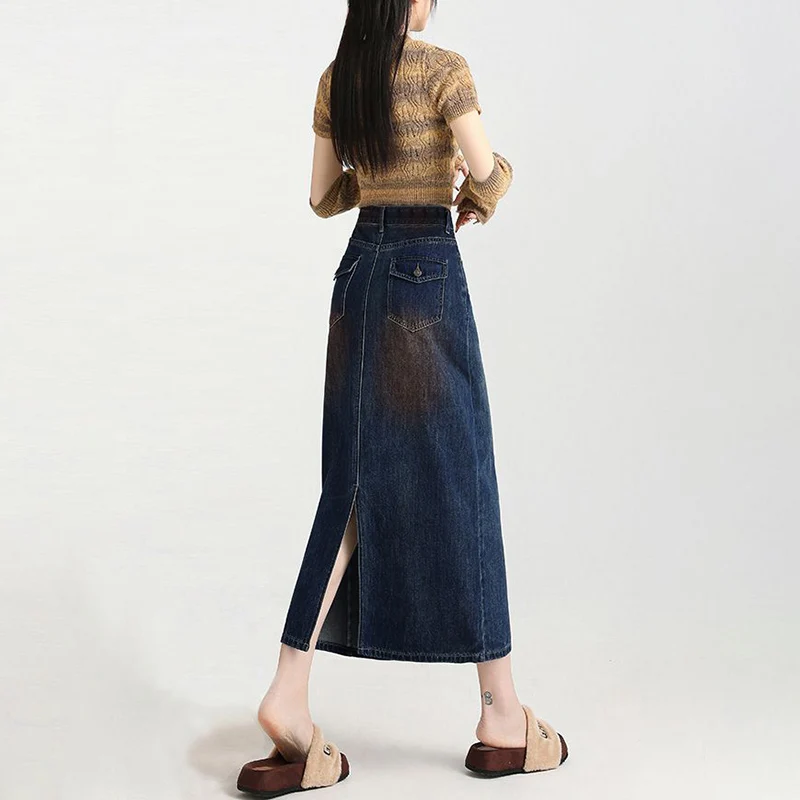 High Waist A-Line Denim Skirt Midi Dress Vintage Style Women's Clothing South Oil Premium Fashion Half Body Skirt Dress