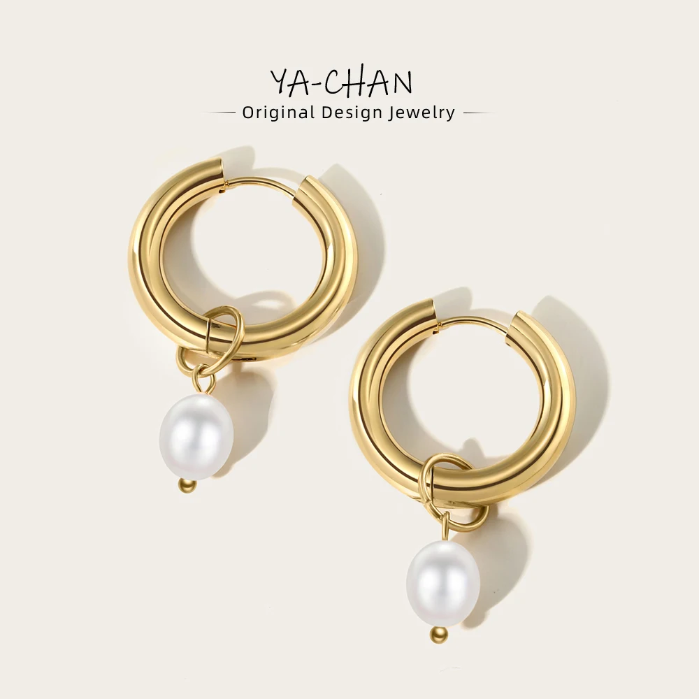 YACHAN Fashion Pearl Pendant Drop Earrings for Women Stainless Steel Hoop High Quality Waterproof Jewelry