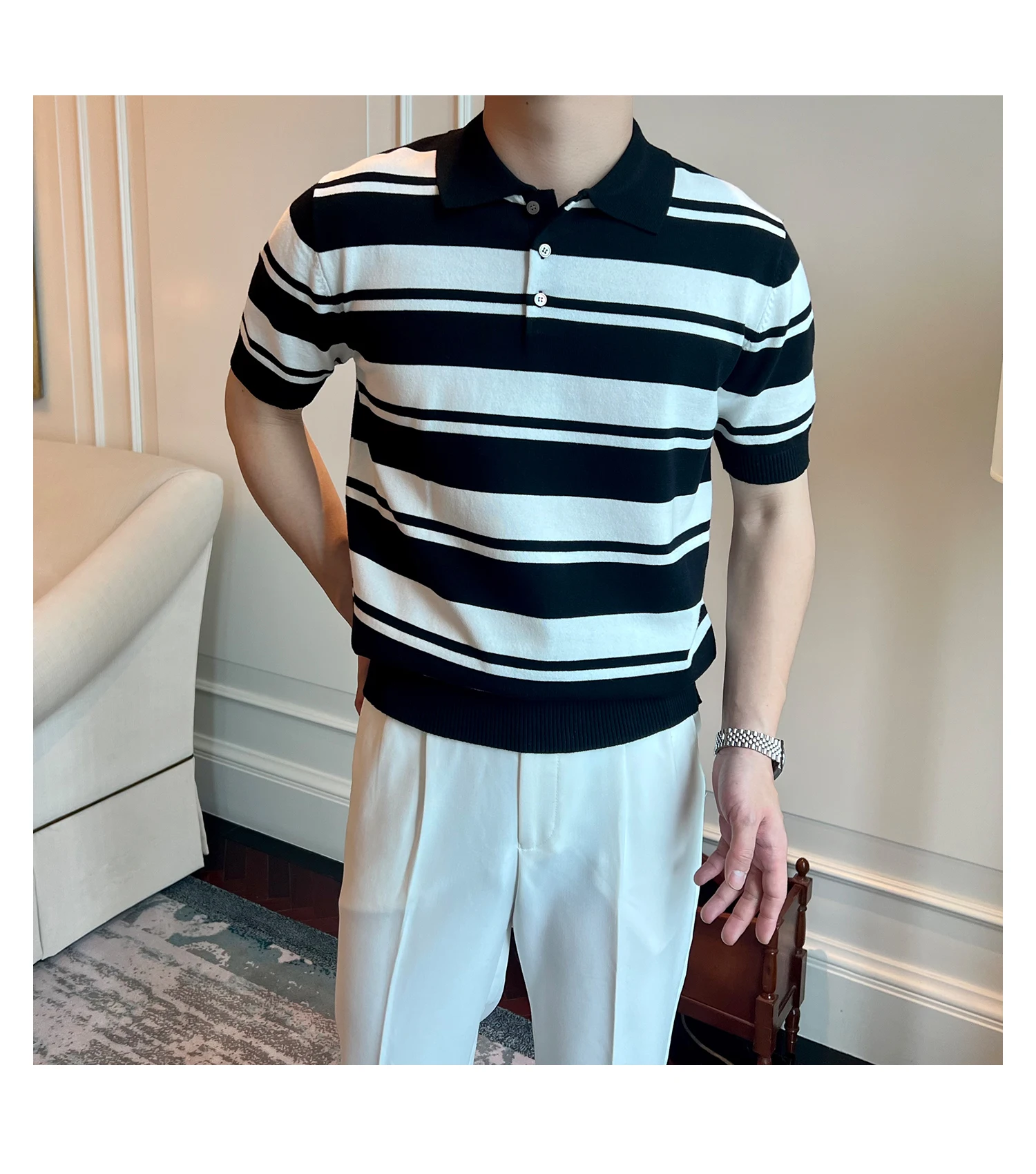 

Men Summer Leisure Knitted Polo T Shirts Casual Breathable Thin Striped Knit Tops Mens Knitwear Fashion Slim Polo Shirts C68