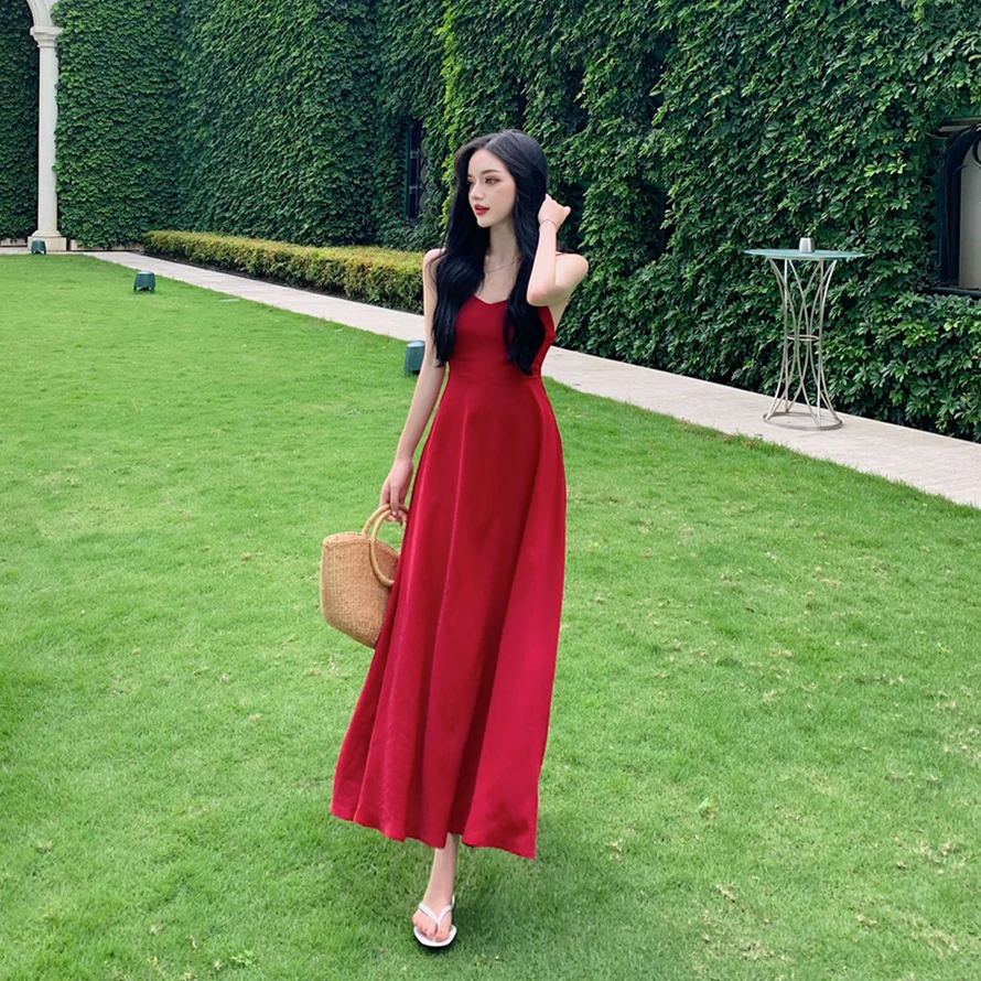 Sexy Bal Strap Dr. Roter Strandrock Damen Sommerurlaub Satin Lang Dr Super Fairy T Maxikleid mit hoher Taille V Ne