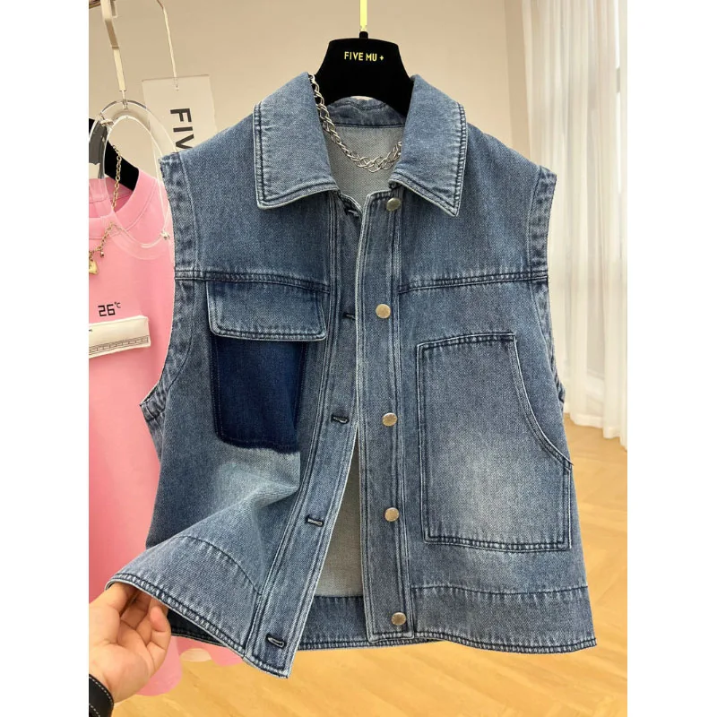 

Women Denim Waistcoat Jacket 2024 Spring New Vintage lapel Short Slim Sleeveless Jeans Vest Female Single Breasted Casual Top