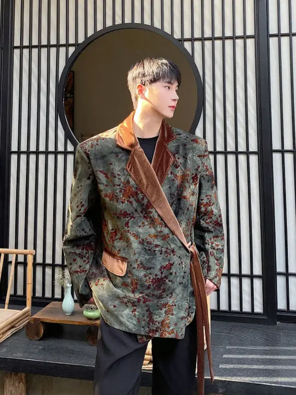 2-A89  New Chinese retro flocking color matching strap design shoulder pad wide trendy and handsome loose suit jacket