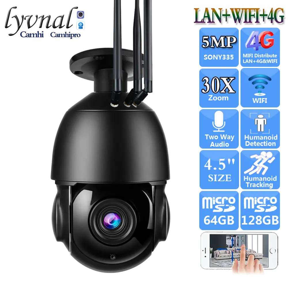 HD 5MP Sony335 4G SIM Card Wireless Security IP Camera Wifi PTZ Dome 30X Auto Zoom Human Tracking Two Way Audio IR 80M Outdoor