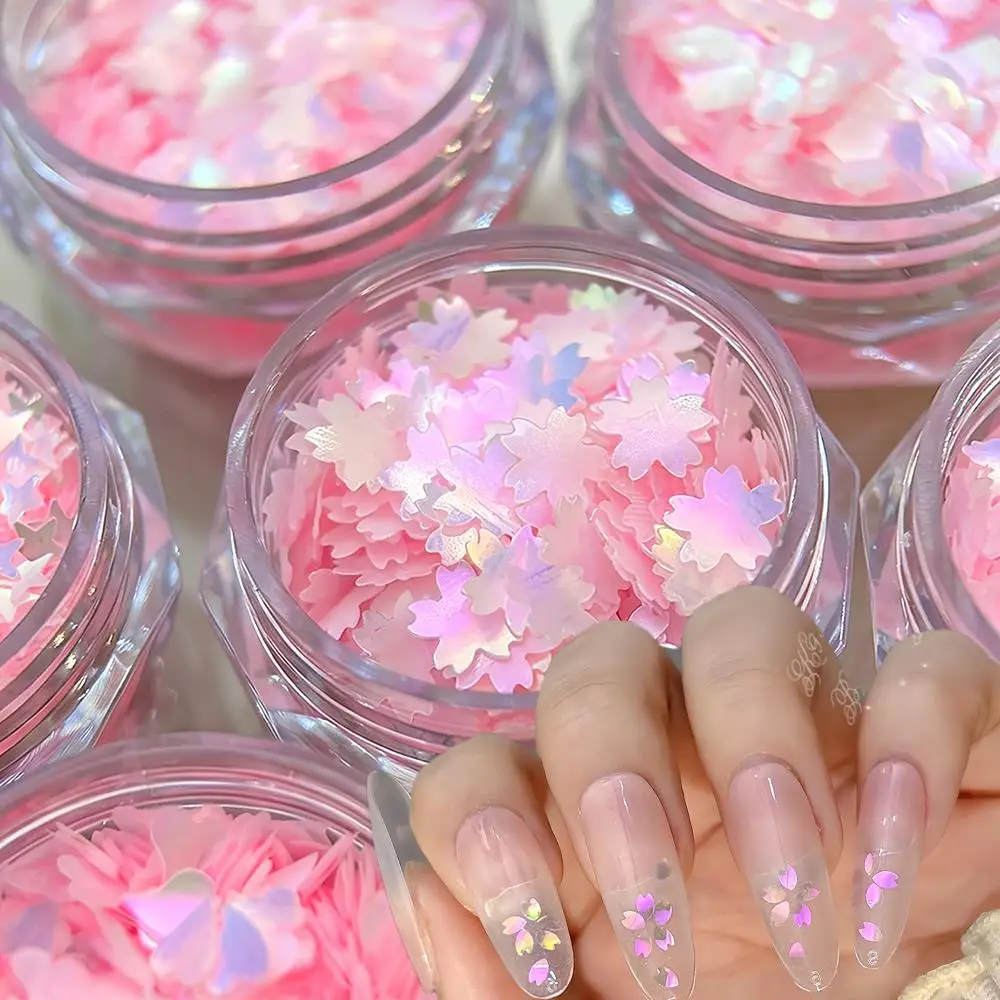 1/6 Boxen Rosa Aurora Kirschblüten-Nagelpailletten Stern Herz Schmetterling Sechseck Nagelflocken Schillernde Sakura Maniküre-Pailletten