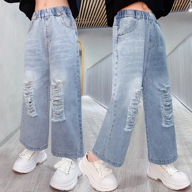 

2022 summer teens miss Kids Girls Jeans Ripped Hole Casual Child Clothes ankle-length pants capris trousers 6 8 10 12 14 years