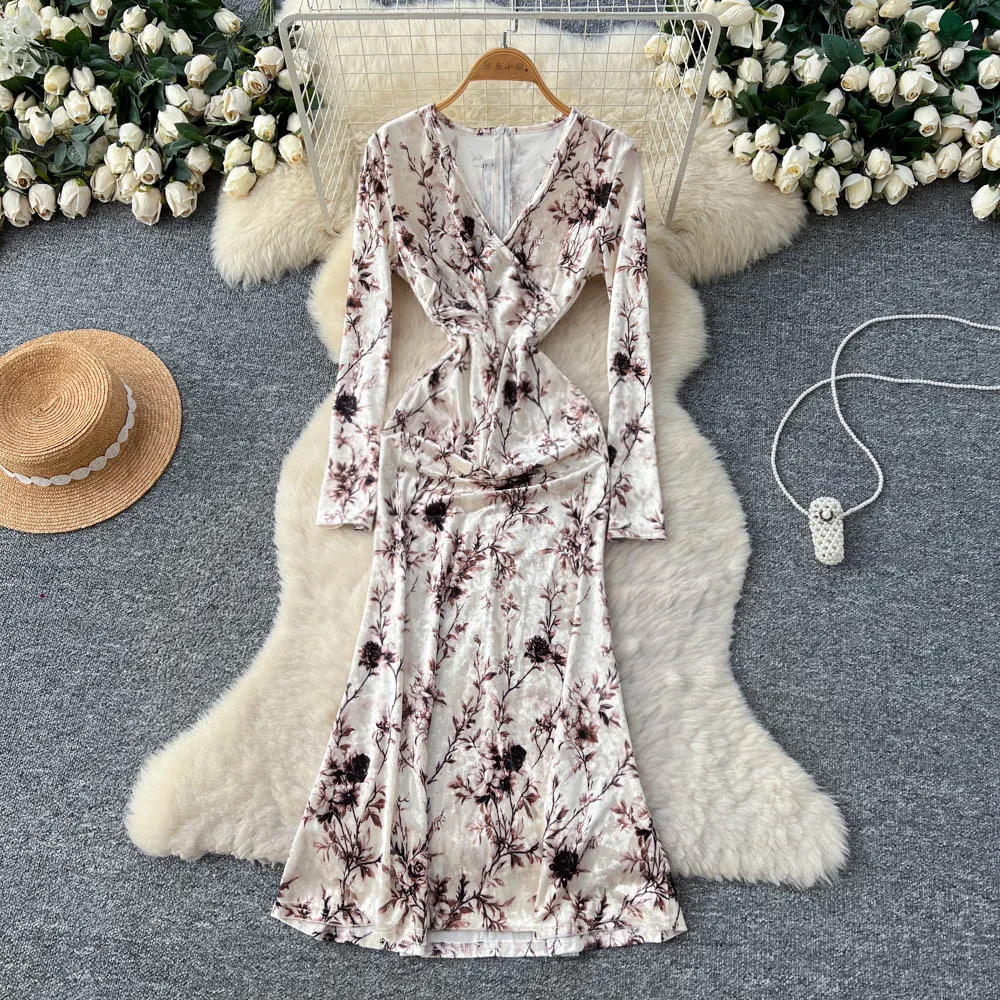 Elegante abito Vesditod da festa in velluto con scollo a V vintage, moda coreana, abiti da cerimonia per abiti da donna