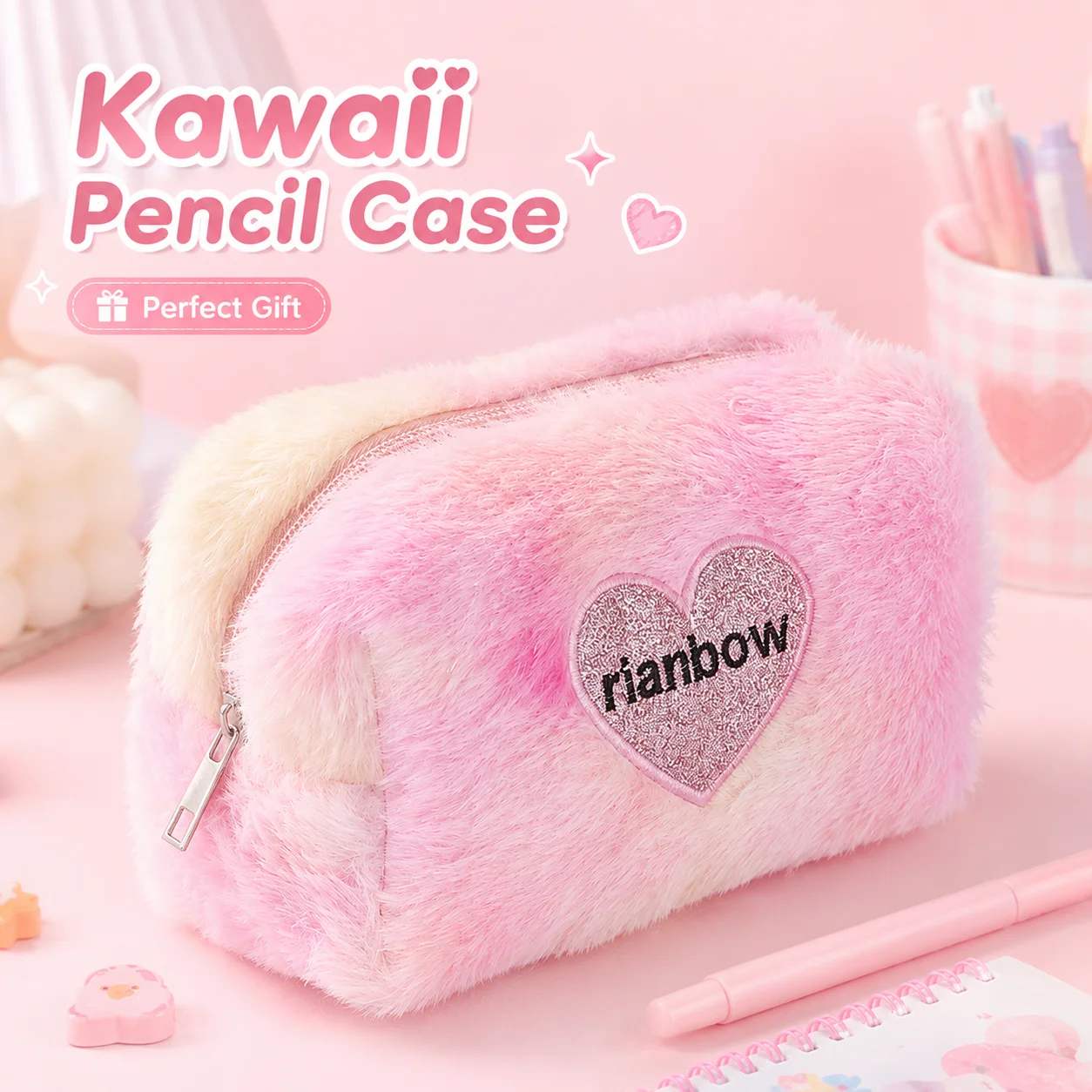 Gradient Plush Pencil Case Heart Pattern Large Capacity Zipper Stationery Pouch Makeup Brush Organizer for School Office Desk
