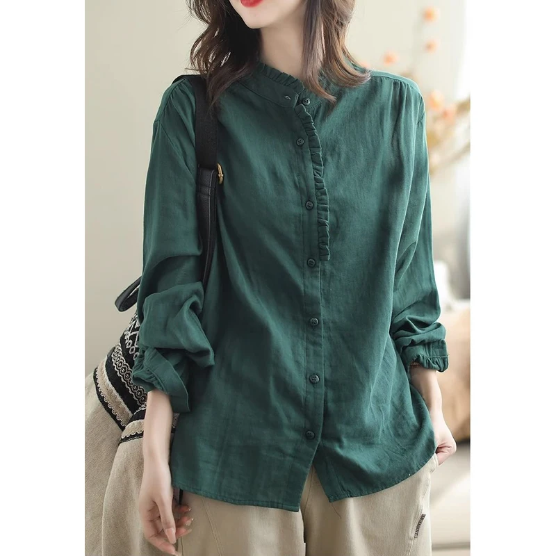 2024 Spring Autumn Women\'s Vintage Simple Casual Button Up Shirt Ruffled Long Sleeve Cotton Linen Blouse Female Solid Loose Tops