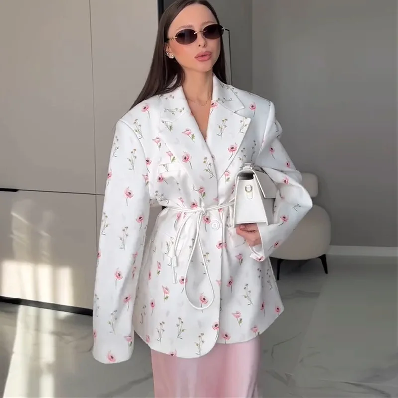 Fashion Women's Flower Printed Blazer Waist-Closed Turn-Down Collar Lace Up Lady Top 2025 Spring Summer Elagant Female Outwear