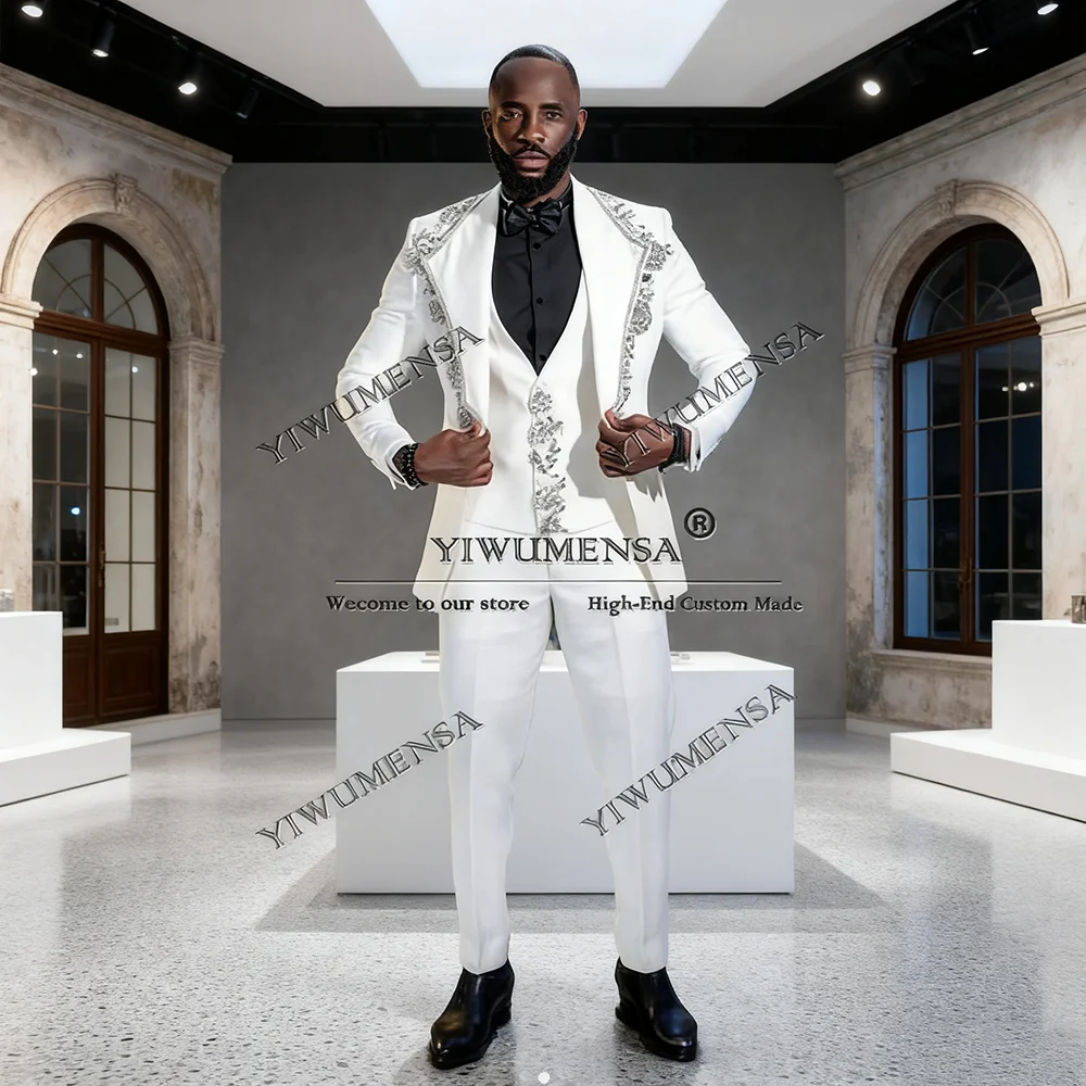 

Beaded Men Suits White 3 Pieces Sets Wedding Groom Tuxedos Luxury Business Male Prom Blazers Slim Fit Costume Homme Customized