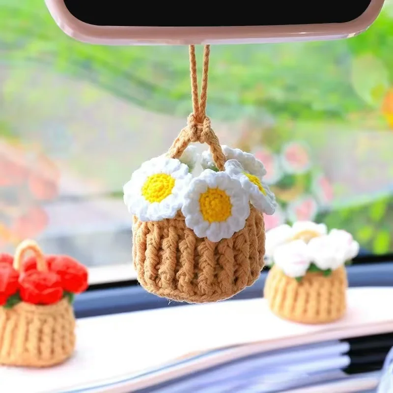Cute Car Accessories,Car Mirror Decor Knitted Flower Baskets Car Rearview Mirror Handmade Crochet Pendant Ornament Gift Bonsai