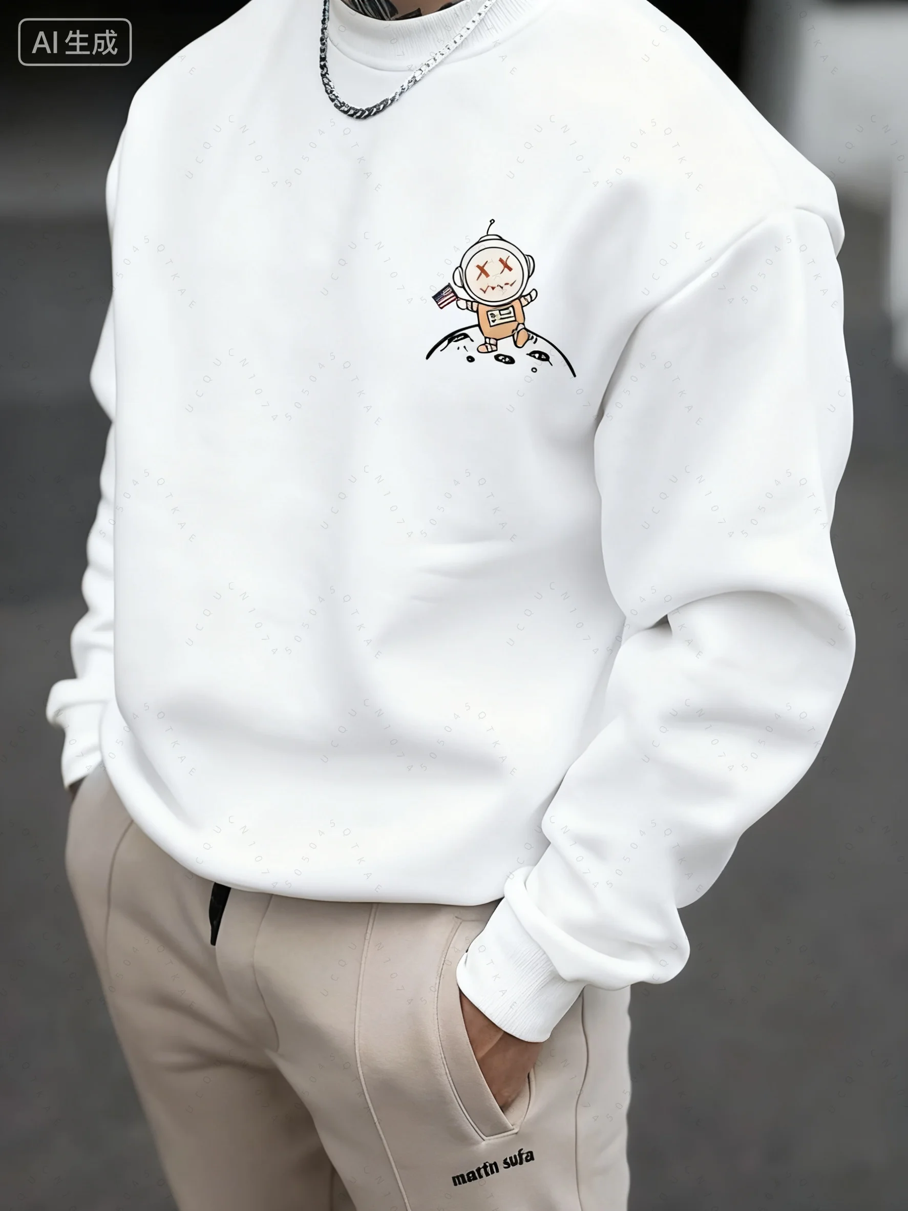 Мужская осенне-зимняя модная повседневная свободная толстовка с длинными рукавами и круглым вырезом с мультяшным принтом космонавта, подарок на Хэллоуин и Рождество