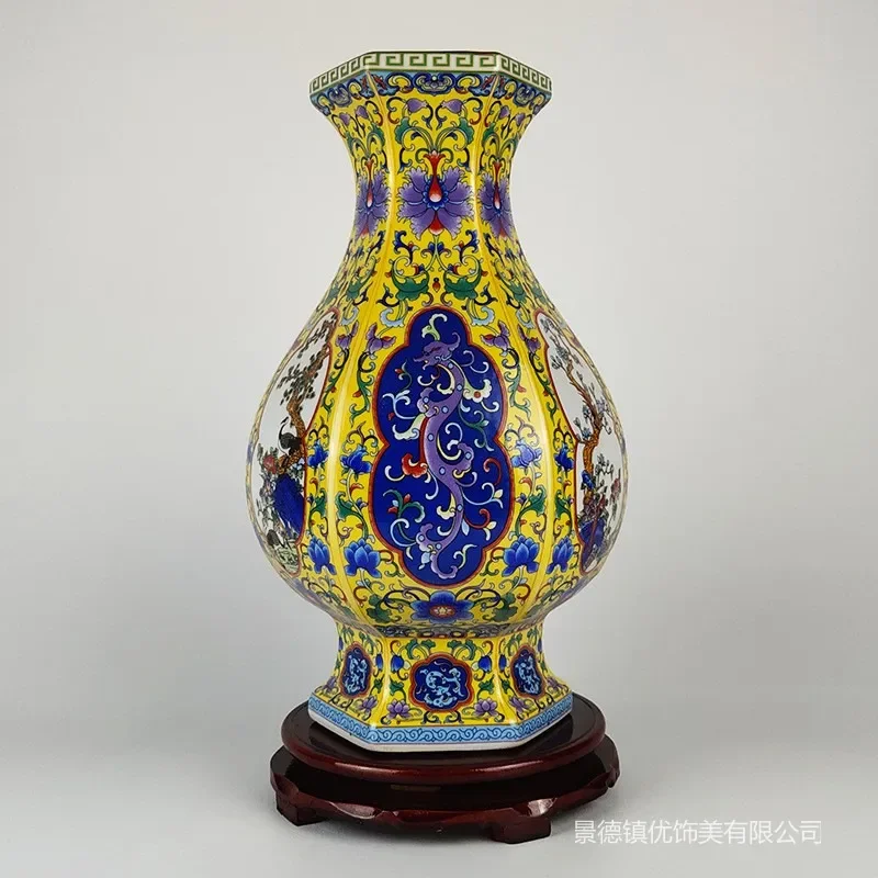 for Jingdezhen Twisted Branch Lotus Dragon Antique Qing Qianlong Yellow Glaze Enamel Color Pastel Gold Painted Hexagonal Vase