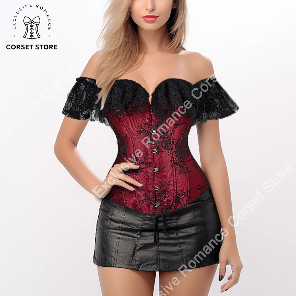 Women Short Sleeve Corset Tie-up Boat Neck Close-fitting Crop Top Cropped Red Blue White Lingerie Bustier Sexy Corset Plus Size