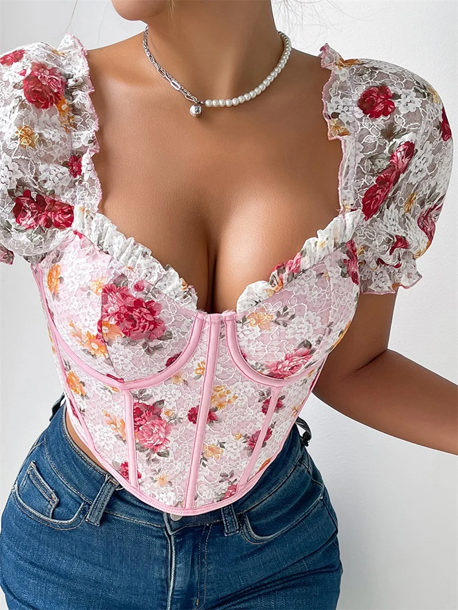 Women's Lace Crop Tops Short Sleeve Sweetheart Neck Floral Print Slim Fit T-Shirts Aesthetic Clothes