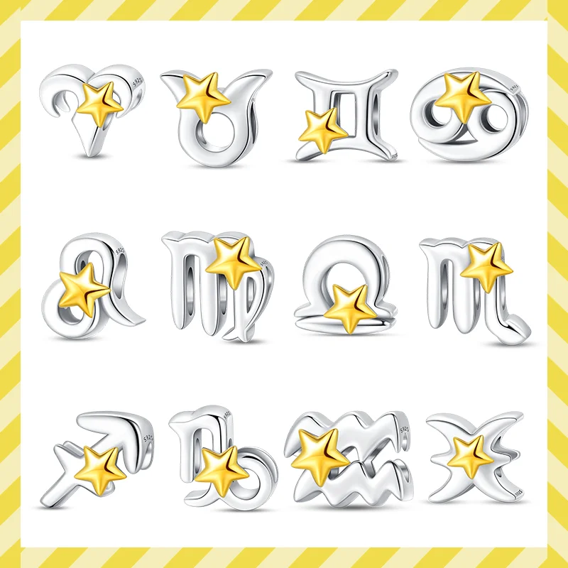 

New 925 sterling silver twelve zodiac signs Leo Pisces charm beads suitable for Pandora original bracelet DIY exquisite gift