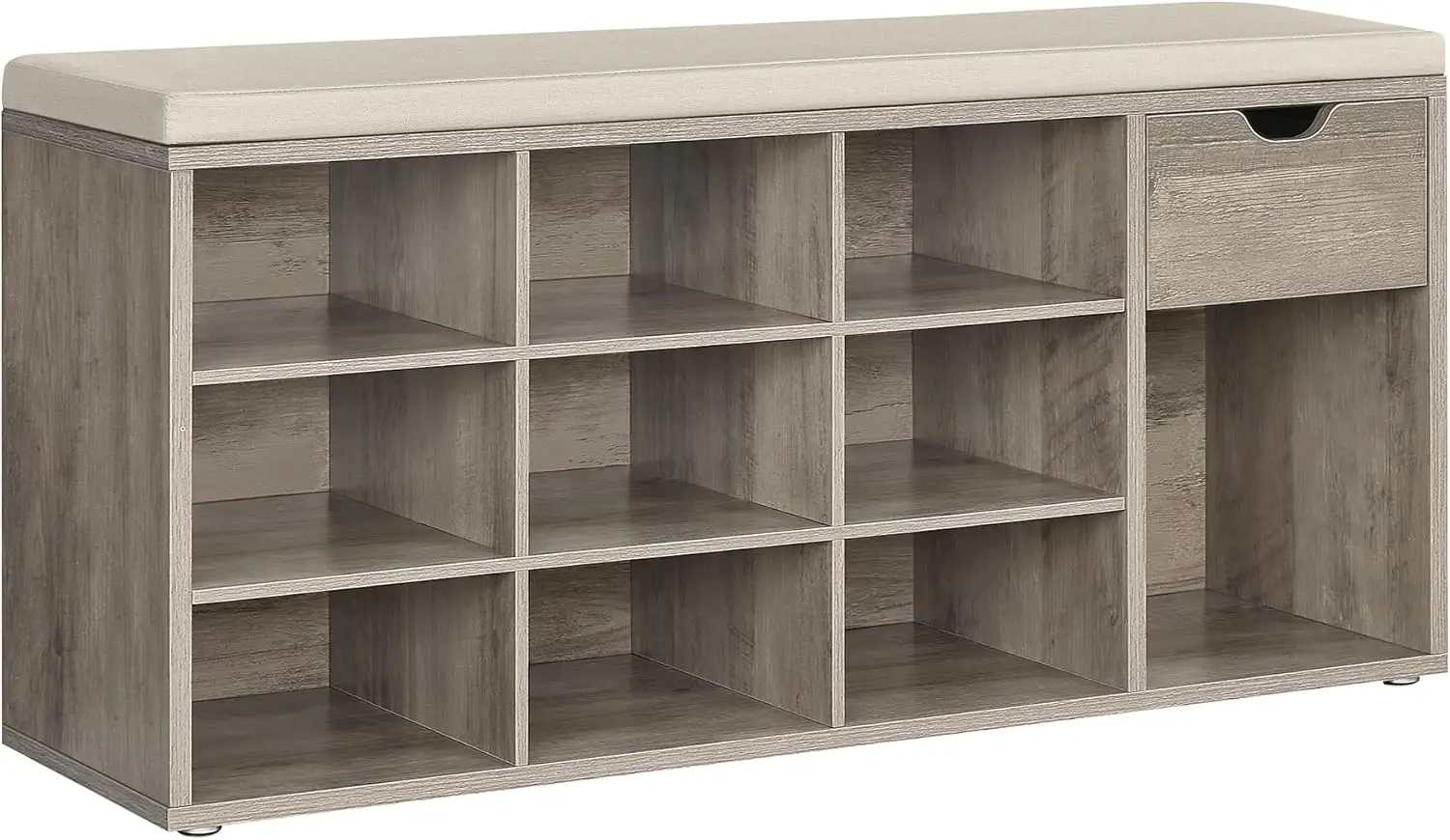 

Entryway Storage Bench with Cushion, Drawer, Open Compartments for Living Room, Bedroom in Heather Greige and Cappuccino Beige