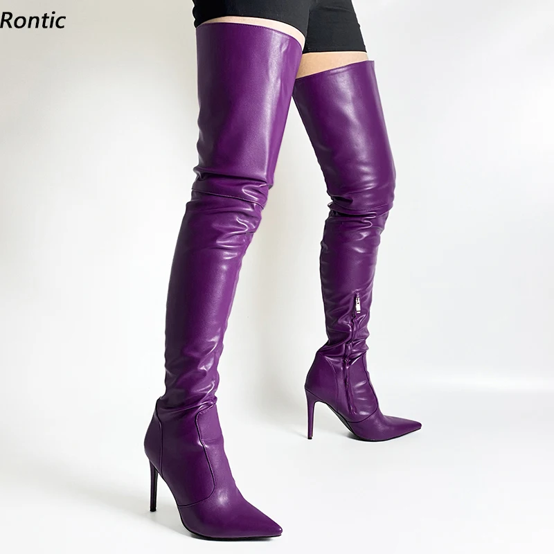 

Rontic Handmade Women Winter Thigh Boots Side Zipper Sexy Stiletto Heels Pointed Toe Purple Black White Party Shoes US Size 5-15