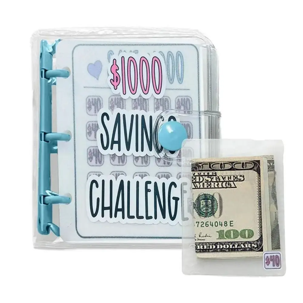 Waterproof $1000 Money Savings Challenge Binder Button Closure PVC Mini Budget Binder Notebook Pink/Blue Mini Budget Binder