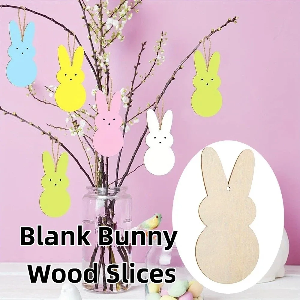 24pcs/set DIY Color Easter Bunny Wood Card Painting Toy Unfinished Easter Rabbit Craft Pendant Decorative