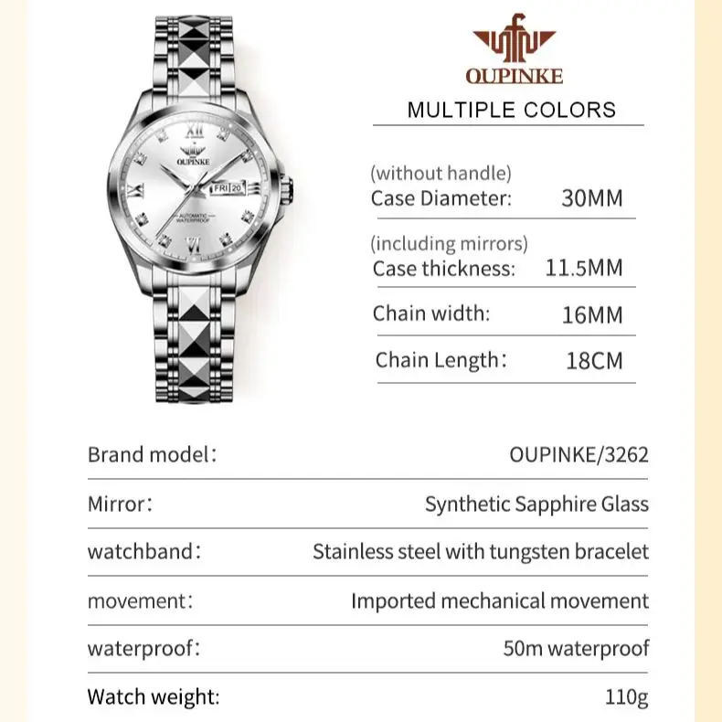 OUPINKE 3262 Business Women\'s Watch Fully Automatic Mechanical Wristwatch for Ladies Date Week Waterproof Luminous Luxury Watch