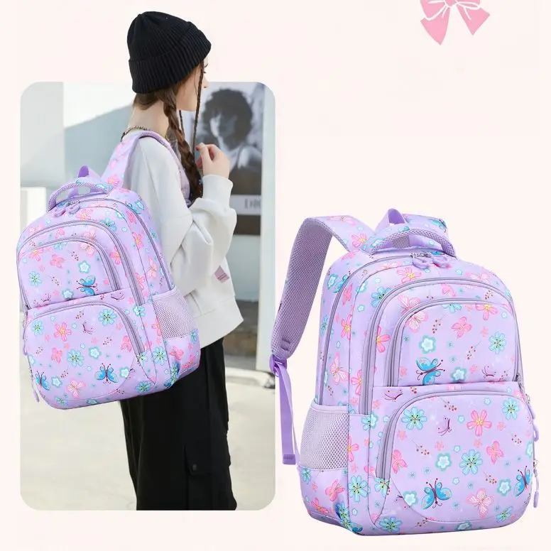 3-Piece Kids School Bag Set Butterfly Flower Print Water Resistant Lightweight Backpack With Insulated Lunch Bag Pencil Case