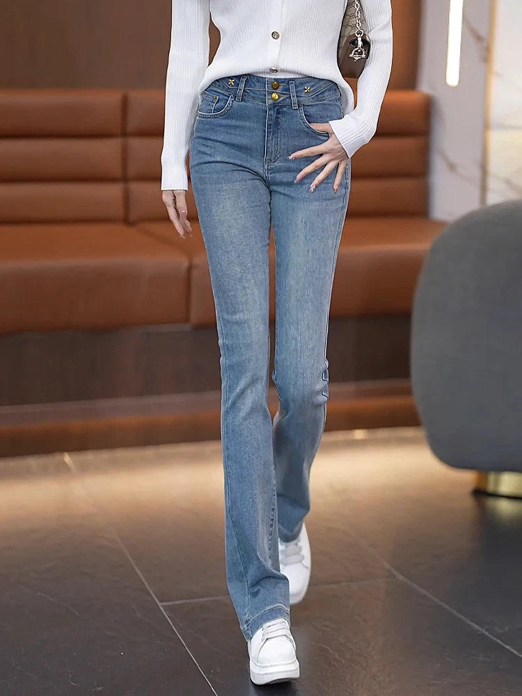

Джинсы-клеш с высокой талией для женщин, весна-осень 2026, новый корейский стиль, повседневные, из денима, модель «Копытце»