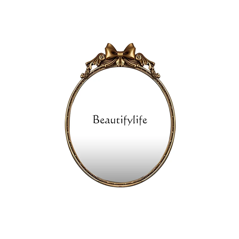 

French Bow Carved Bathroom Mirror Light Luxury Style Bedroom Vanity Mirror LED