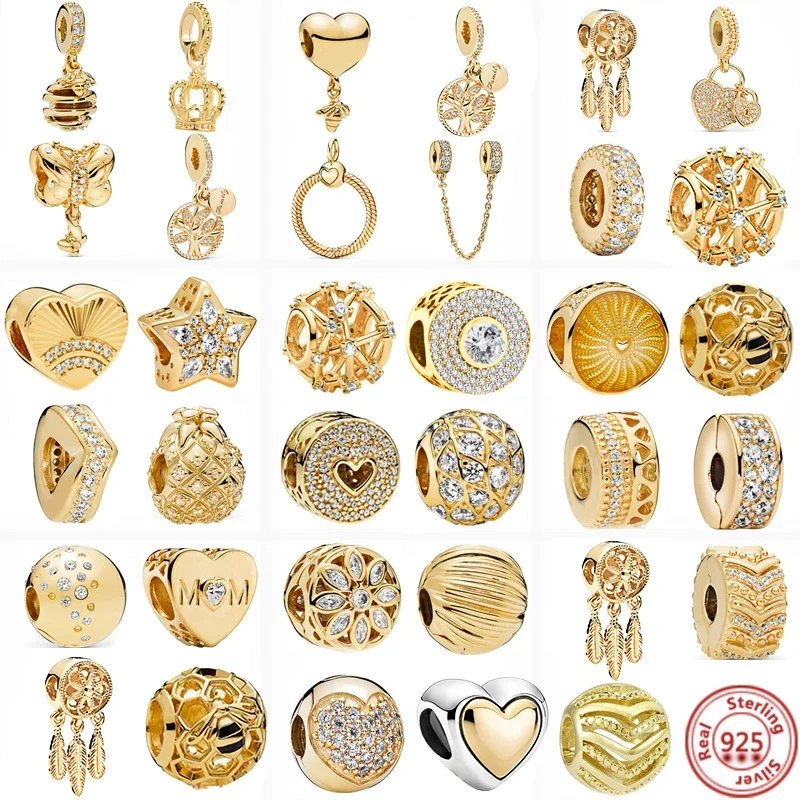 925 Sterling Silver Golden Charm Crown albero genealogico catena di sicurezza perline vuote per bracciali Pandora originali gioielli donna fai da te